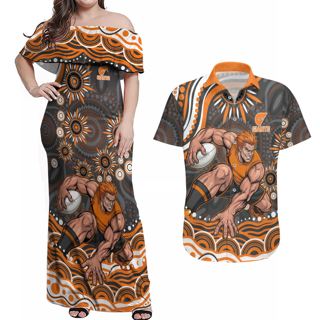 Personalized GWS Giants Rugby Couples Matching Off Shoulder Maxi Dress and Hawaiian Shirt Aboriginal Dot Art - Dreamtime Football Mascot