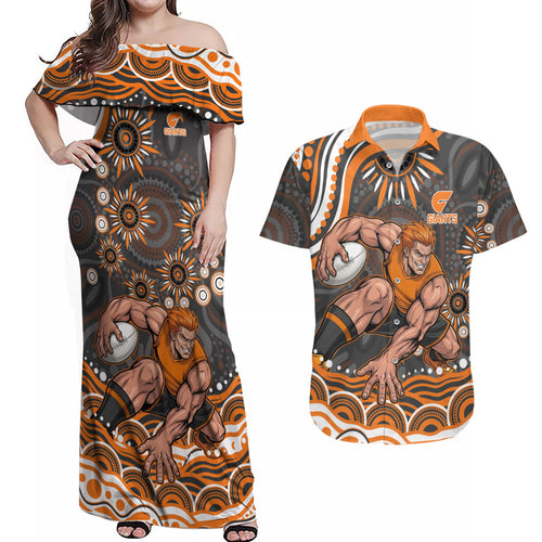 Personalized GWS Giants Rugby Couples Matching Off Shoulder Maxi Dress and Hawaiian Shirt Aboriginal Dot Art - Dreamtime Football Mascot