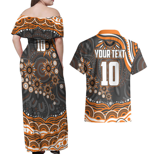 Personalized GWS Giants Rugby Couples Matching Off Shoulder Maxi Dress and Hawaiian Shirt Aboriginal Dot Art - Dreamtime Football Mascot