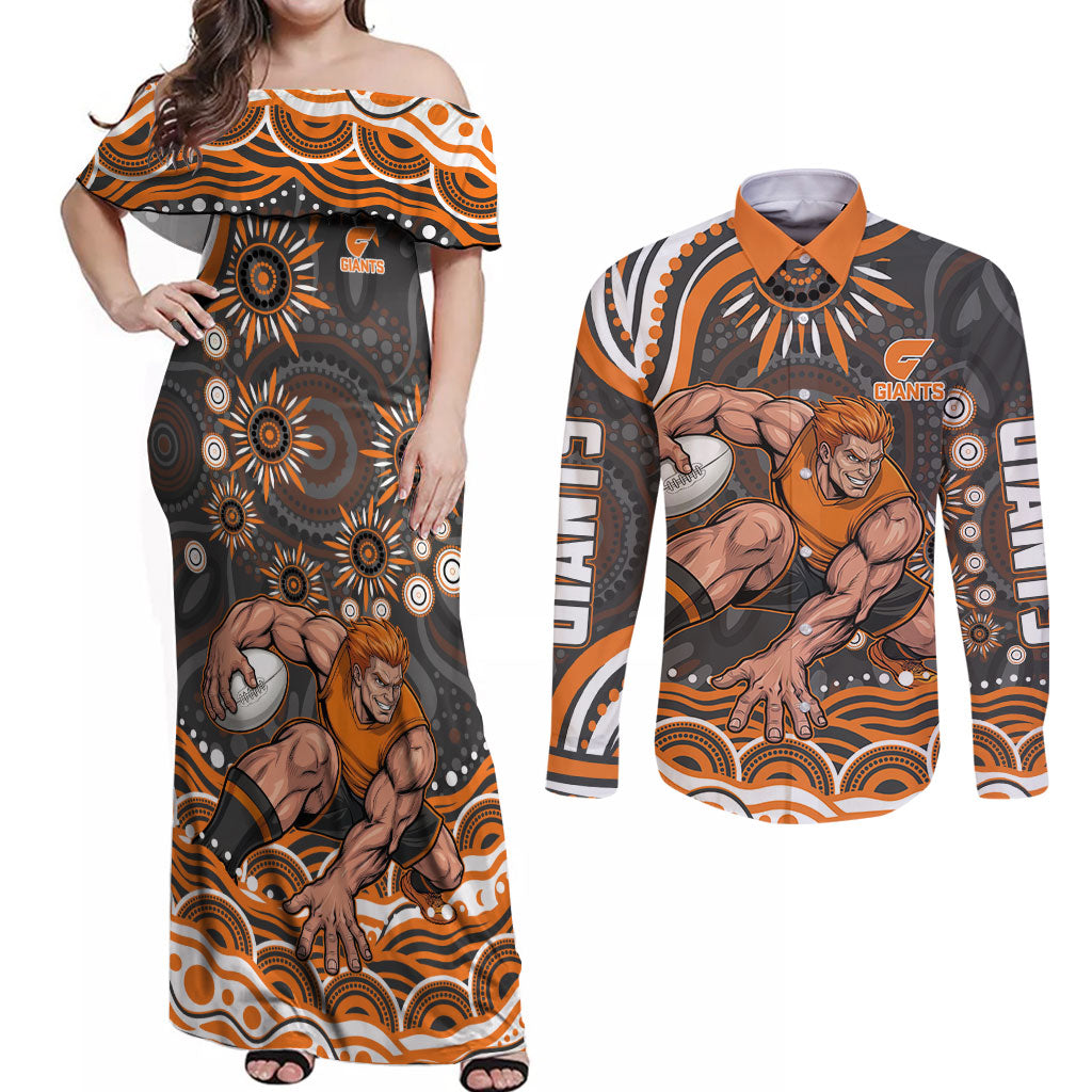Personalized GWS Giants Rugby Couples Matching Off Shoulder Maxi Dress and Long Sleeve Button Shirt Aboriginal Dot Art - Dreamtime Football Mascot