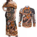 Personalized GWS Giants Rugby Couples Matching Off Shoulder Maxi Dress and Long Sleeve Button Shirt Aboriginal Dot Art - Dreamtime Football Mascot
