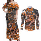Personalized GWS Giants Rugby Couples Matching Off Shoulder Maxi Dress and Long Sleeve Button Shirt Aboriginal Dot Art - Dreamtime Football Mascot