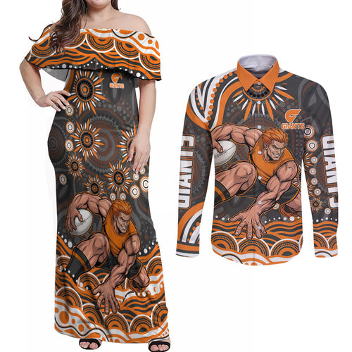 Personalized GWS Giants Rugby Couples Matching Off Shoulder Maxi Dress and Long Sleeve Button Shirt Aboriginal Dot Art - Dreamtime Football Mascot