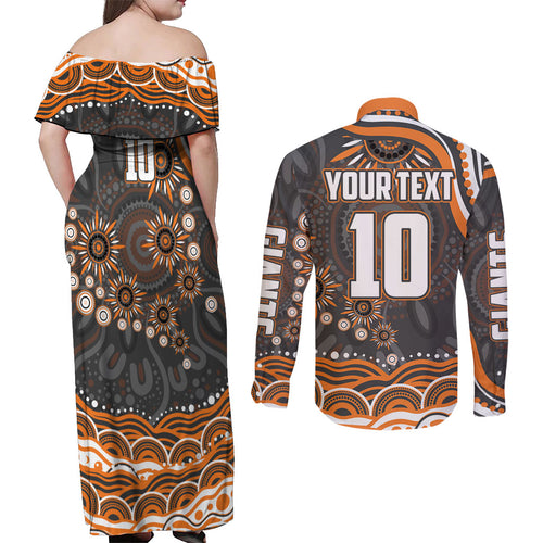 Personalized GWS Giants Rugby Couples Matching Off Shoulder Maxi Dress and Long Sleeve Button Shirt Aboriginal Dot Art - Dreamtime Football Mascot