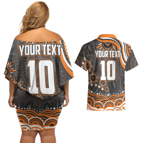 Personalized GWS Giants Rugby Couples Matching Off Shoulder Short Dress and Hawaiian Shirt Aboriginal Dot Art - Dreamtime Football Mascot