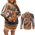Personalized GWS Giants Rugby Couples Matching Off Shoulder Short Dress and Long Sleeve Button Shirt Aboriginal Dot Art - Dreamtime Football Mascot