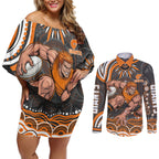 Personalized GWS Giants Rugby Couples Matching Off Shoulder Short Dress and Long Sleeve Button Shirt Aboriginal Dot Art - Dreamtime Football Mascot
