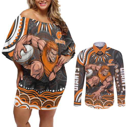 Personalized GWS Giants Rugby Couples Matching Off Shoulder Short Dress and Long Sleeve Button Shirt Aboriginal Dot Art - Dreamtime Football Mascot