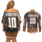 Personalized GWS Giants Rugby Couples Matching Off Shoulder Short Dress and Long Sleeve Button Shirt Aboriginal Dot Art - Dreamtime Football Mascot