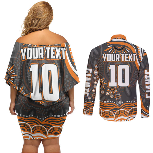 Personalized GWS Giants Rugby Couples Matching Off Shoulder Short Dress and Long Sleeve Button Shirt Aboriginal Dot Art - Dreamtime Football Mascot
