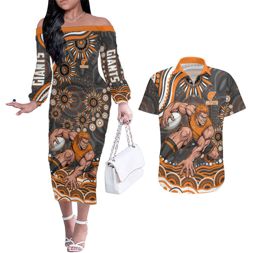 Personalized GWS Giants Rugby Couples Matching Off The Shoulder Long Sleeve Dress and Hawaiian Shirt Aboriginal Dot Art - Dreamtime Football Mascot