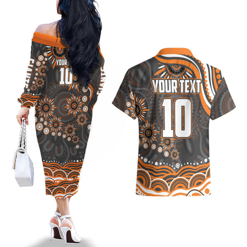Personalized GWS Giants Rugby Couples Matching Off The Shoulder Long Sleeve Dress and Hawaiian Shirt Aboriginal Dot Art - Dreamtime Football Mascot