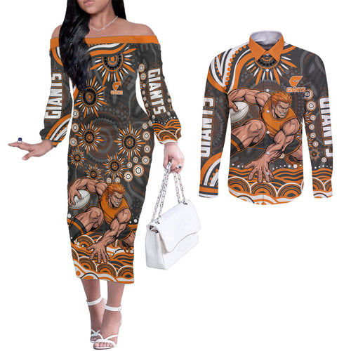 Personalized GWS Giants Rugby Couples Matching Off The Shoulder Long Sleeve Dress and Long Sleeve Button Shirt Aboriginal Dot Art - Dreamtime Football Mascot