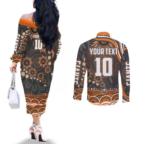 Personalized GWS Giants Rugby Couples Matching Off The Shoulder Long Sleeve Dress and Long Sleeve Button Shirt Aboriginal Dot Art - Dreamtime Football Mascot