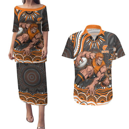 Personalized GWS Giants Rugby Couples Matching Puletasi and Hawaiian Shirt Aboriginal Dot Art - Dreamtime Football Mascot