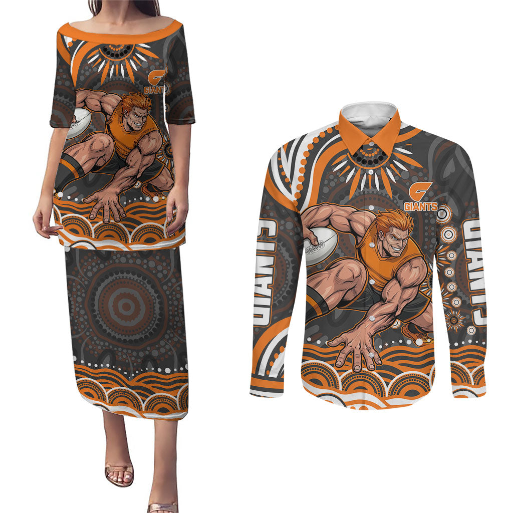 Personalized GWS Giants Rugby Couples Matching Puletasi and Long Sleeve Button Shirt Aboriginal Dot Art - Dreamtime Football Mascot