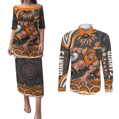 Personalized GWS Giants Rugby Couples Matching Puletasi and Long Sleeve Button Shirt Aboriginal Dot Art - Dreamtime Football Mascot