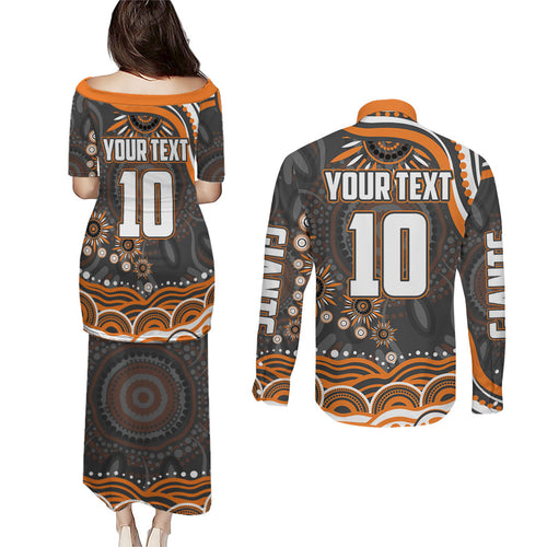 Personalized GWS Giants Rugby Couples Matching Puletasi and Long Sleeve Button Shirt Aboriginal Dot Art - Dreamtime Football Mascot