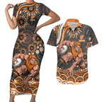 Personalized GWS Giants Rugby Couples Matching Short Sleeve Bodycon Dress and Hawaiian Shirt Aboriginal Dot Art - Dreamtime Football Mascot