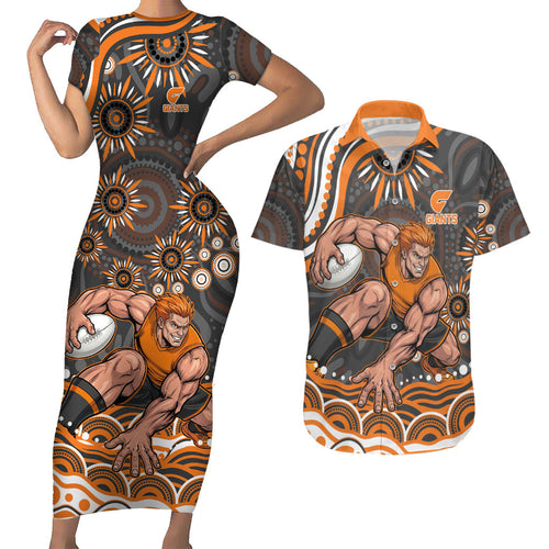 Personalized GWS Giants Rugby Couples Matching Short Sleeve Bodycon Dress and Hawaiian Shirt Aboriginal Dot Art - Dreamtime Football Mascot