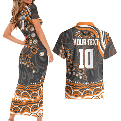 Personalized GWS Giants Rugby Couples Matching Short Sleeve Bodycon Dress and Hawaiian Shirt Aboriginal Dot Art - Dreamtime Football Mascot