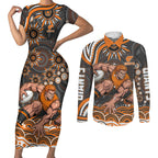 Personalized GWS Giants Rugby Couples Matching Short Sleeve Bodycon Dress and Long Sleeve Button Shirt Aboriginal Dot Art - Dreamtime Football Mascot
