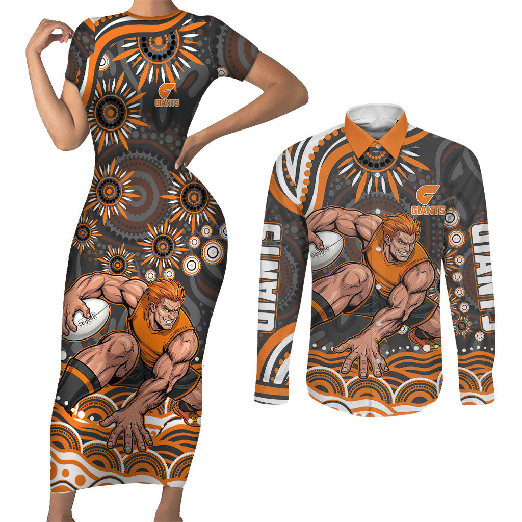 Personalized GWS Giants Rugby Couples Matching Short Sleeve Bodycon Dress and Long Sleeve Button Shirt Aboriginal Dot Art - Dreamtime Football Mascot