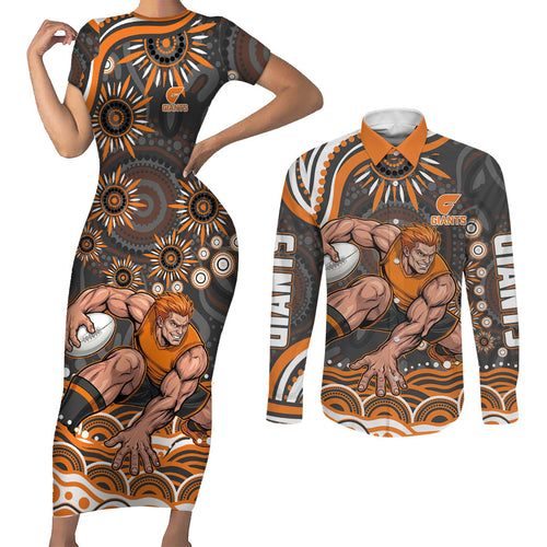 Personalized GWS Giants Rugby Couples Matching Short Sleeve Bodycon Dress and Long Sleeve Button Shirt Aboriginal Dot Art - Dreamtime Football Mascot
