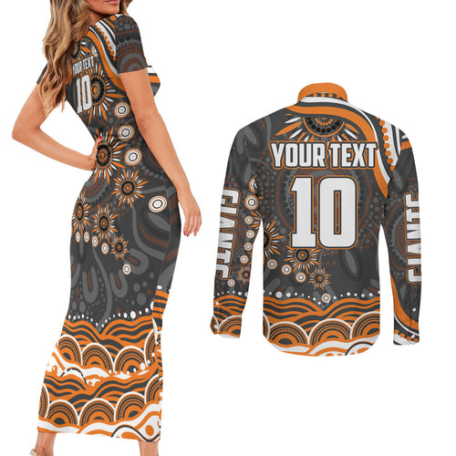 Personalized GWS Giants Rugby Couples Matching Short Sleeve Bodycon Dress and Long Sleeve Button Shirt Aboriginal Dot Art - Dreamtime Football Mascot