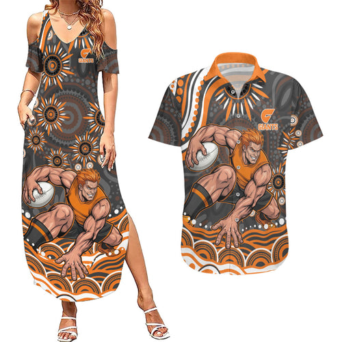 Personalized GWS Giants Rugby Couples Matching Summer Maxi Dress and Hawaiian Shirt Aboriginal Dot Art - Dreamtime Football Mascot