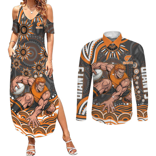Personalized GWS Giants Rugby Couples Matching Summer Maxi Dress and Long Sleeve Button Shirt Aboriginal Dot Art - Dreamtime Football Mascot