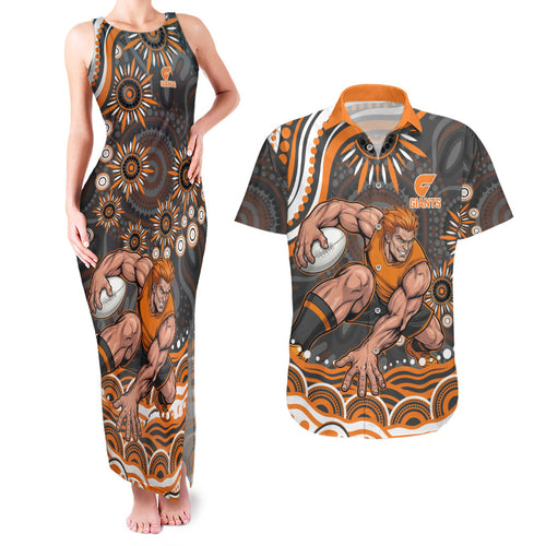 Personalized GWS Giants Rugby Couples Matching Tank Maxi Dress and Hawaiian Shirt Aboriginal Dot Art - Dreamtime Football Mascot