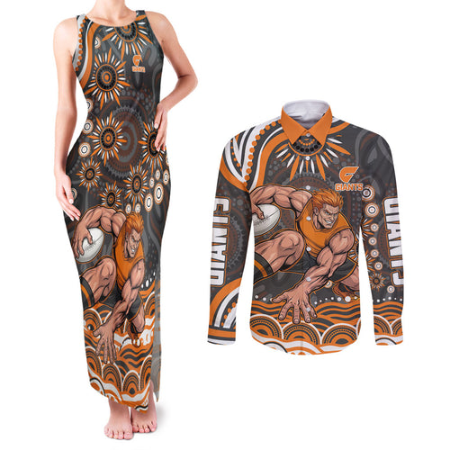 Personalized GWS Giants Rugby Couples Matching Tank Maxi Dress and Long Sleeve Button Shirt Aboriginal Dot Art - Dreamtime Football Mascot
