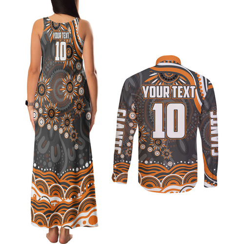 Personalized GWS Giants Rugby Couples Matching Tank Maxi Dress and Long Sleeve Button Shirt Aboriginal Dot Art - Dreamtime Football Mascot