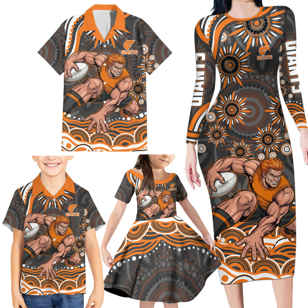 Personalized GWS Giants Rugby Family Matching Long Sleeve Bodycon Dress and Hawaiian Shirt Aboriginal Dot Art - Dreamtime Football Mascot