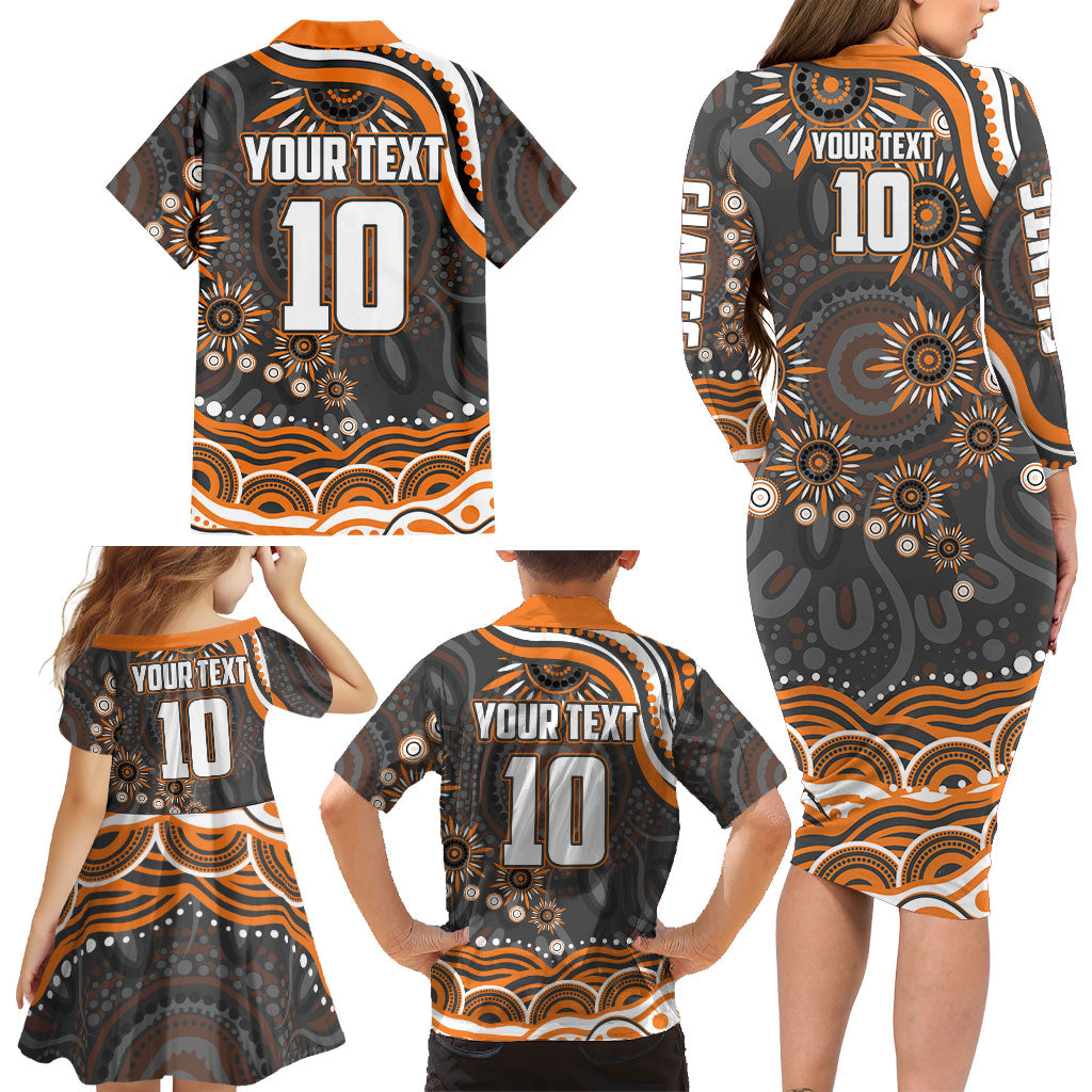 Personalized GWS Giants Rugby Family Matching Long Sleeve Bodycon Dress and Hawaiian Shirt Aboriginal Dot Art - Dreamtime Football Mascot
