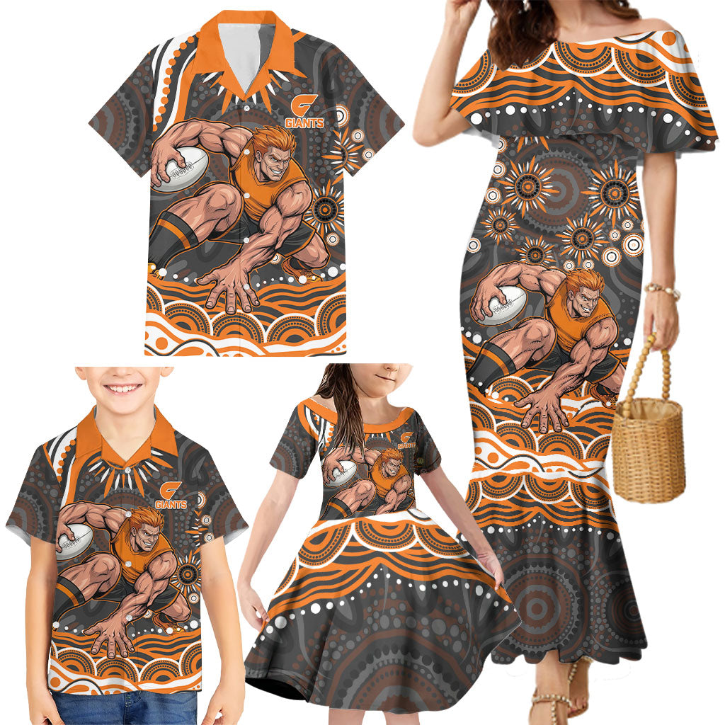 Personalized GWS Giants Rugby Family Matching Mermaid Dress and Hawaiian Shirt Aboriginal Dot Art - Dreamtime Football Mascot