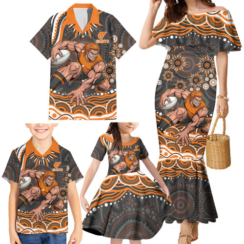 Personalized GWS Giants Rugby Family Matching Mermaid Dress and Hawaiian Shirt Aboriginal Dot Art - Dreamtime Football Mascot
