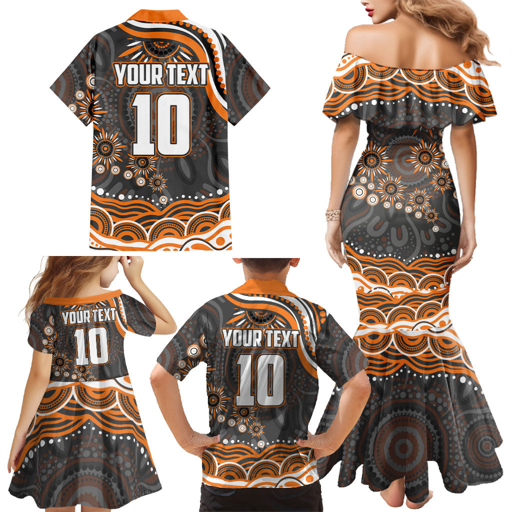 Personalized GWS Giants Rugby Family Matching Mermaid Dress and Hawaiian Shirt Aboriginal Dot Art - Dreamtime Football Mascot