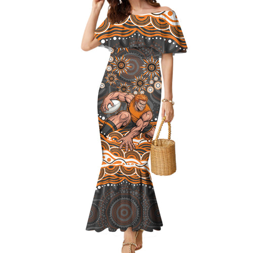 Personalized GWS Giants Rugby Family Matching Mermaid Dress and Hawaiian Shirt Aboriginal Dot Art - Dreamtime Football Mascot