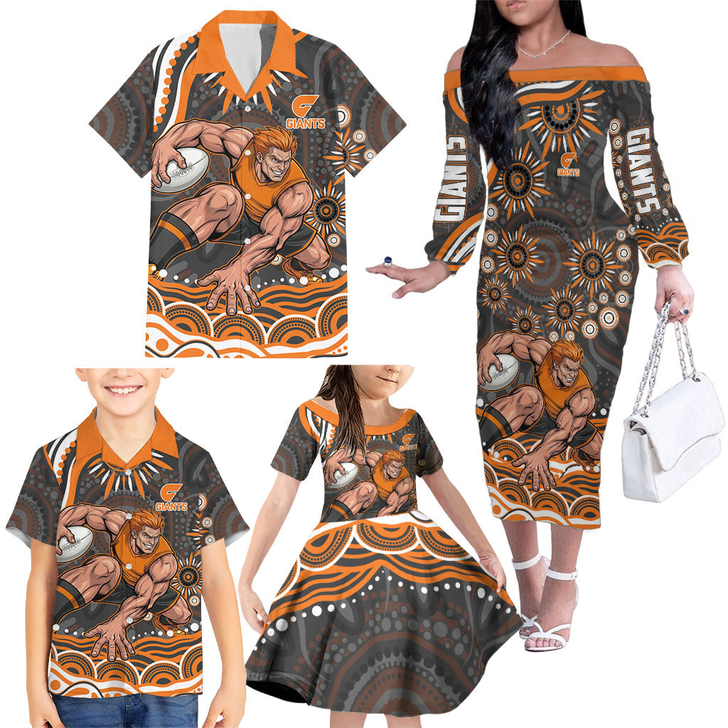 Personalized GWS Giants Rugby Family Matching Off The Shoulder Long Sleeve Dress and Hawaiian Shirt Aboriginal Dot Art - Dreamtime Football Mascot