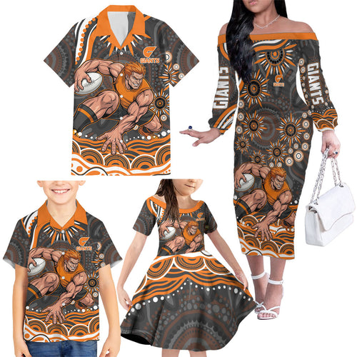 Personalized GWS Giants Rugby Family Matching Off The Shoulder Long Sleeve Dress and Hawaiian Shirt Aboriginal Dot Art - Dreamtime Football Mascot