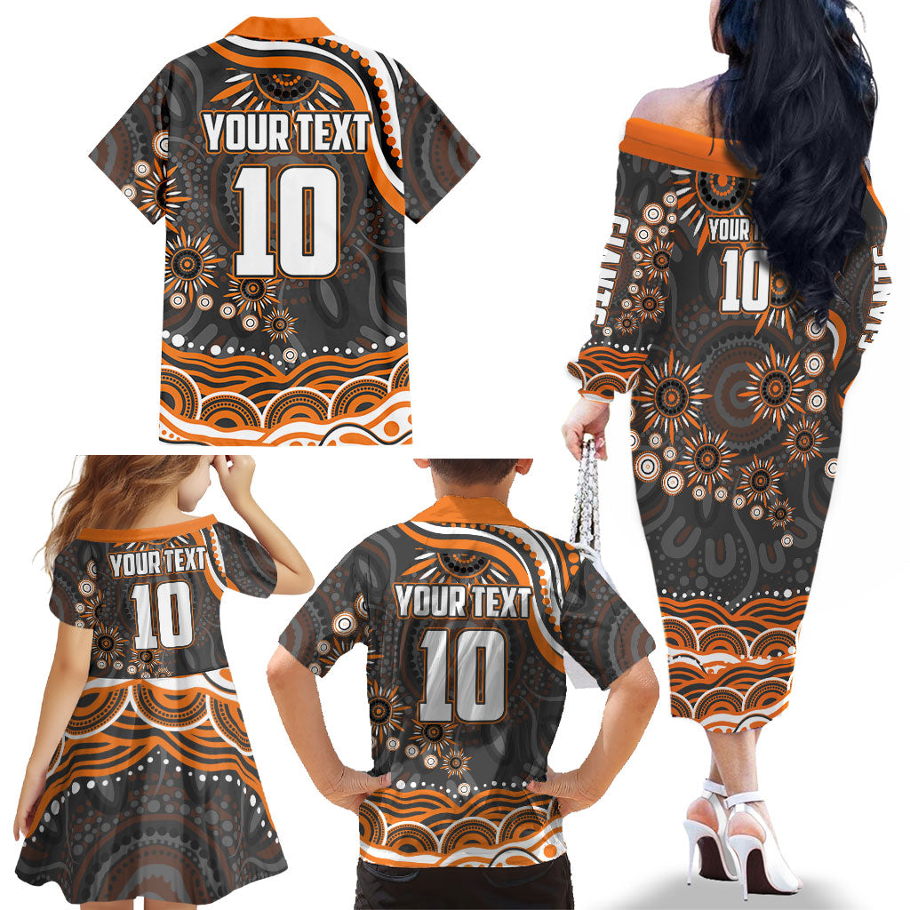 Personalized GWS Giants Rugby Family Matching Off The Shoulder Long Sleeve Dress and Hawaiian Shirt Aboriginal Dot Art - Dreamtime Football Mascot