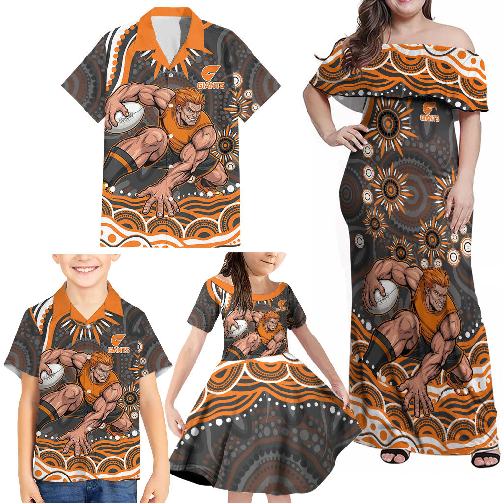 Personalized GWS Giants Rugby Family Matching Off Shoulder Maxi Dress and Hawaiian Shirt Aboriginal Dot Art - Dreamtime Football Mascot