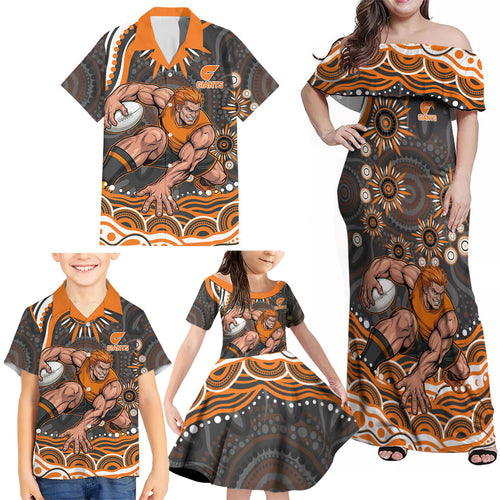 Personalized GWS Giants Rugby Family Matching Off Shoulder Maxi Dress and Hawaiian Shirt Aboriginal Dot Art - Dreamtime Football Mascot
