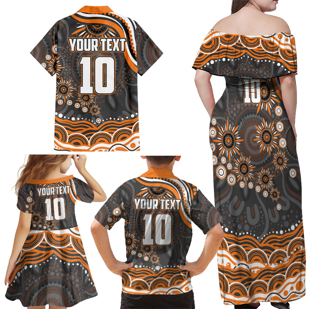 Personalized GWS Giants Rugby Family Matching Off Shoulder Maxi Dress and Hawaiian Shirt Aboriginal Dot Art - Dreamtime Football Mascot