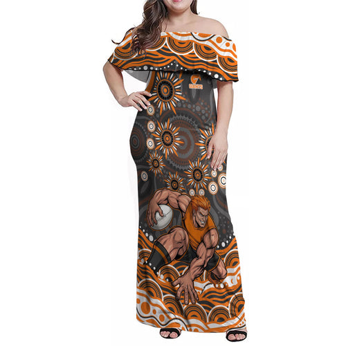 Personalized GWS Giants Rugby Family Matching Off Shoulder Maxi Dress and Hawaiian Shirt Aboriginal Dot Art - Dreamtime Football Mascot