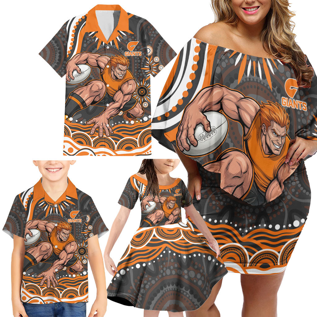 Personalized GWS Giants Rugby Family Matching Off Shoulder Short Dress and Hawaiian Shirt Aboriginal Dot Art - Dreamtime Football Mascot