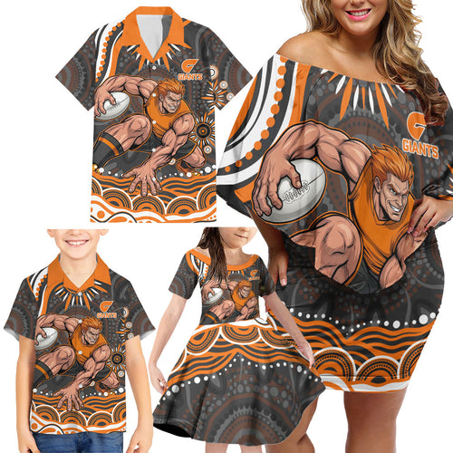Personalized GWS Giants Rugby Family Matching Off Shoulder Short Dress and Hawaiian Shirt Aboriginal Dot Art - Dreamtime Football Mascot