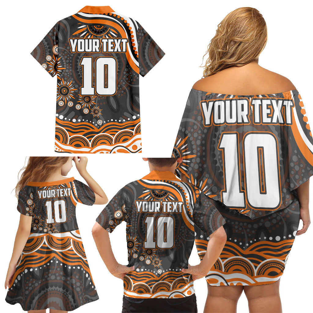 Personalized GWS Giants Rugby Family Matching Off Shoulder Short Dress and Hawaiian Shirt Aboriginal Dot Art - Dreamtime Football Mascot